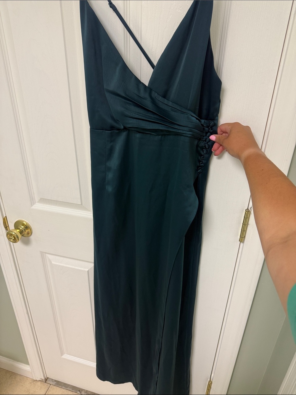 Lulu's Forest Green One-Shoulder Satin Wrap Dress